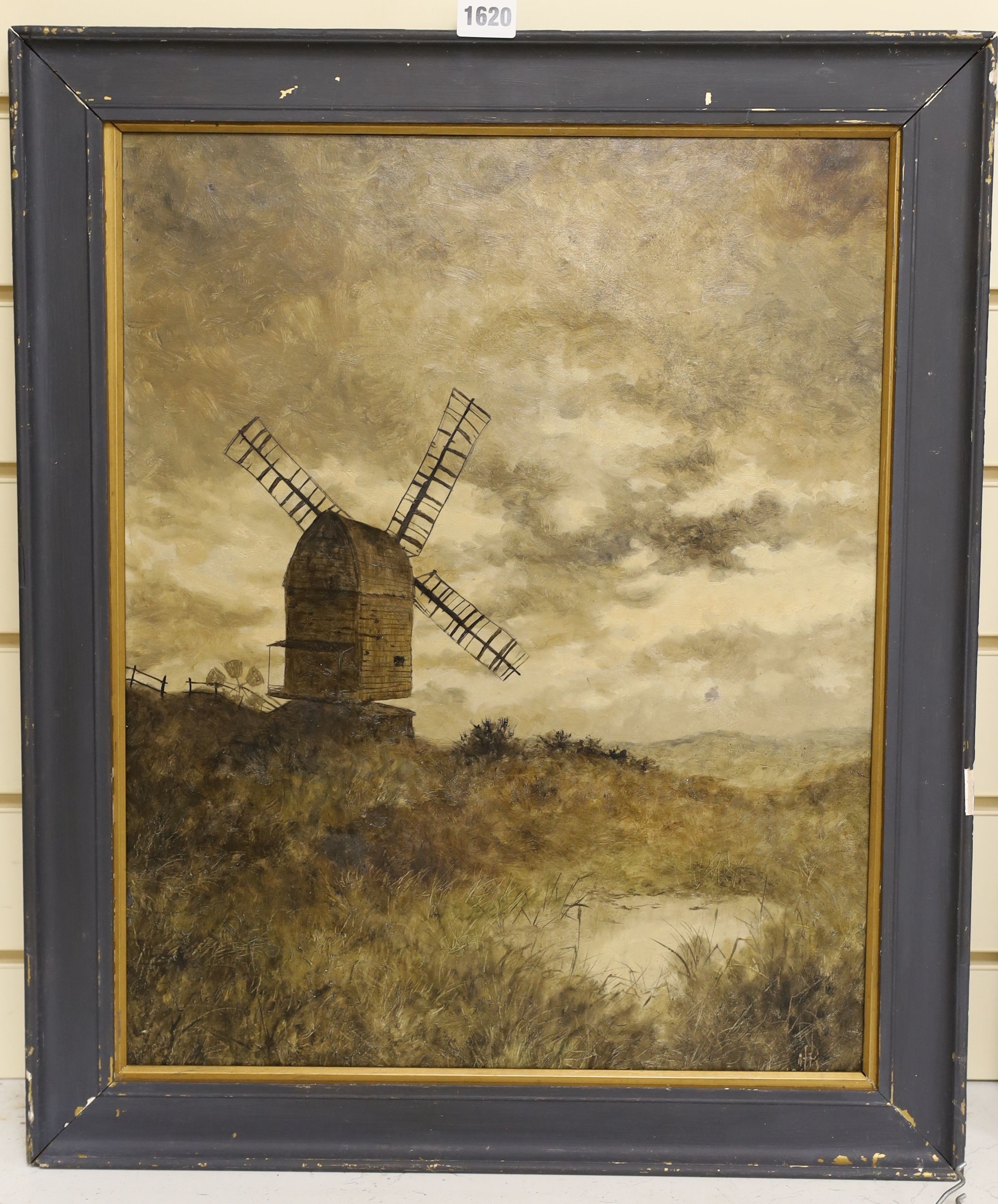 H B, oil on board, Windmill in a cloudy landscape, monogrammed, 52 x 41cm